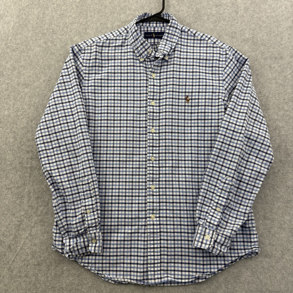 Ralph Lauren Shirt Mens Large‎ Performance Blue Plaid Button Down Flesh Pony